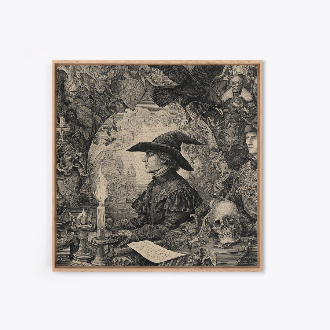 Dark Academia Halloween, Renaissance Engraving Art, Square Wall Art, Gothic Horror Wall Art, Canvas Print, Halloween Wall Art