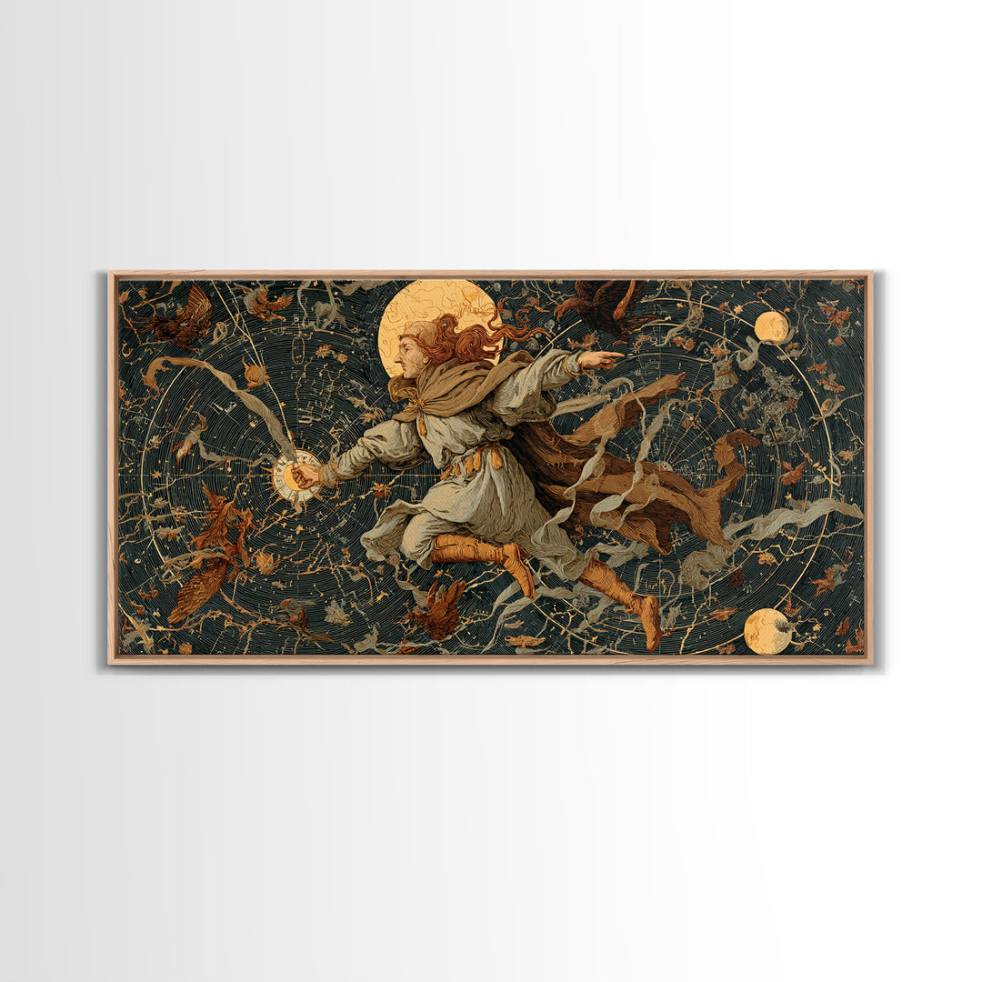 Celestial Witchcraft, Medieval Grotesque Art, Wide Panoramic Art, Macabre Wall Art, Framed Canvas Print, Halloween Wall Art