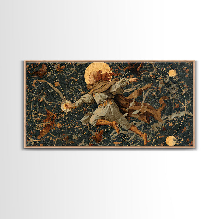 Celestial Witchcraft, Medieval Grotesque Art, Wide Panoramic Art, Macabre Wall Art, Framed Canvas Print, Halloween Wall Art
