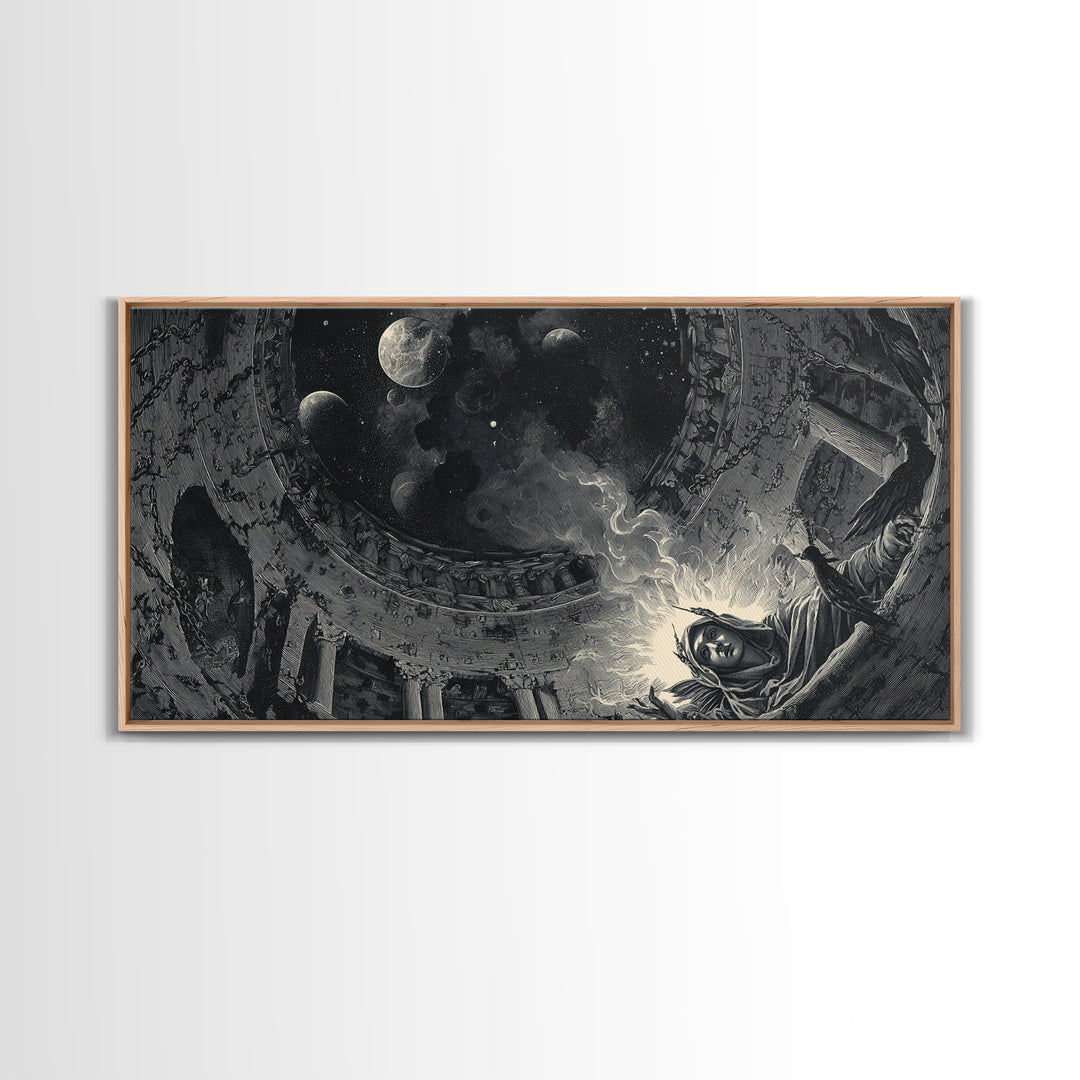 Celestial Witchcraft, Architectural Etching Art, Wide Panoramic Art, Gothic Horror Wall Art, Framed Canvas Print