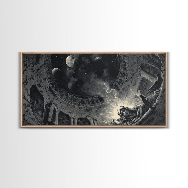 Celestial Witchcraft, Architectural Etching Art, Wide Panoramic Art, Gothic Horror Wall Art, Framed Canvas Print