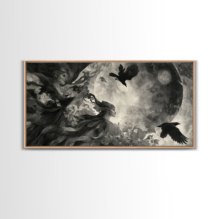 Celestial Witchcraft, Symbolist Dream Art, Wide Panoramic Art, Dark Fantasy Wall Art, Framed Canvas Print, Halloween Wall Art