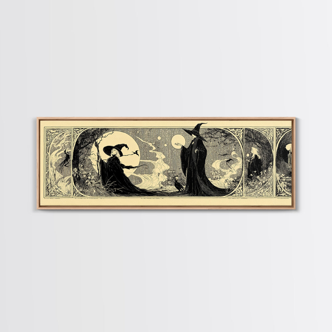 Celestial Witchcraft, Decadent Line Art, Extra Wide Wall Art, Macabre Wall Art, Framed Canvas Print, Halloween Wall Art