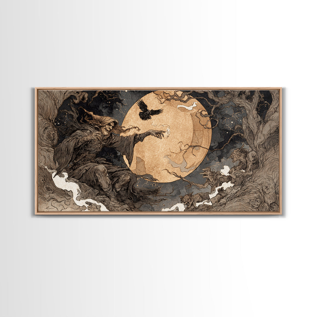 Celestial Witchcraft, Gothic Storybook Art, Wide Panoramic Art, Dark Halloween Decor, Canvas Print, Halloween Wall Art