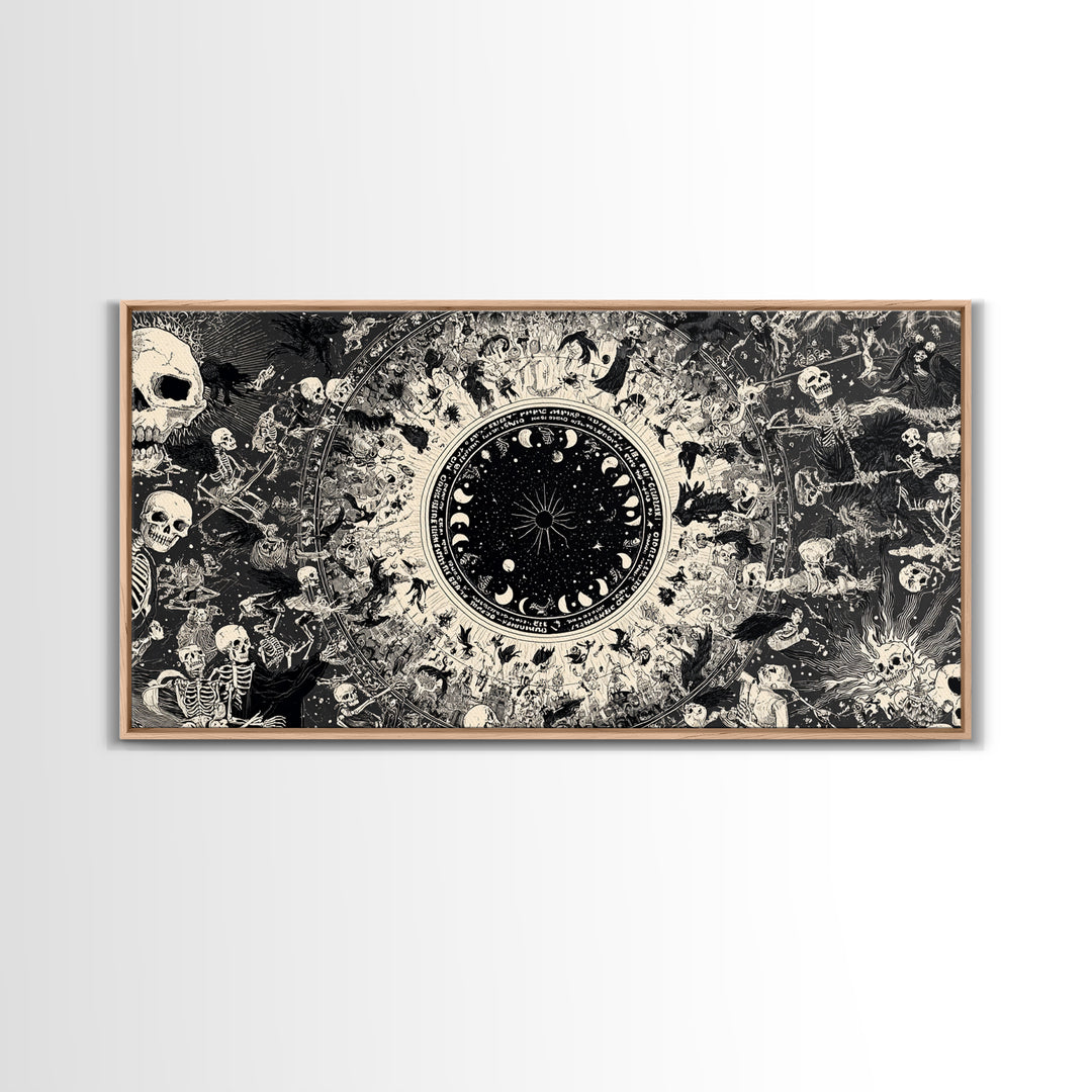 Celestial Witchcraft, Macabre Folk Print Art, Wide Panoramic Art, Dark Halloween Decor, Framed Canvas Print, Halloween Wall Art