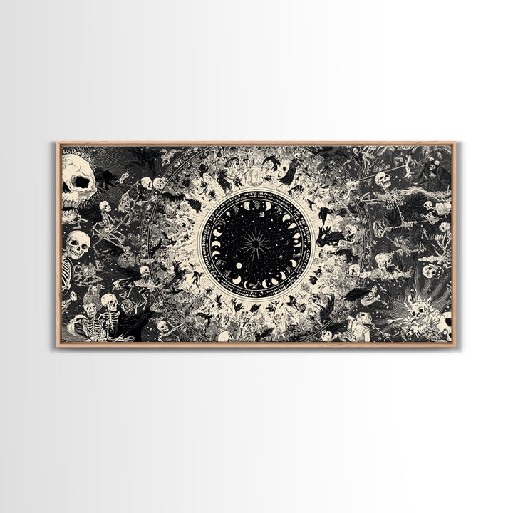 Celestial Witchcraft, Macabre Folk Print Art, Wide Panoramic Art, Dark Halloween Decor, Framed Canvas Print, Halloween Wall Art