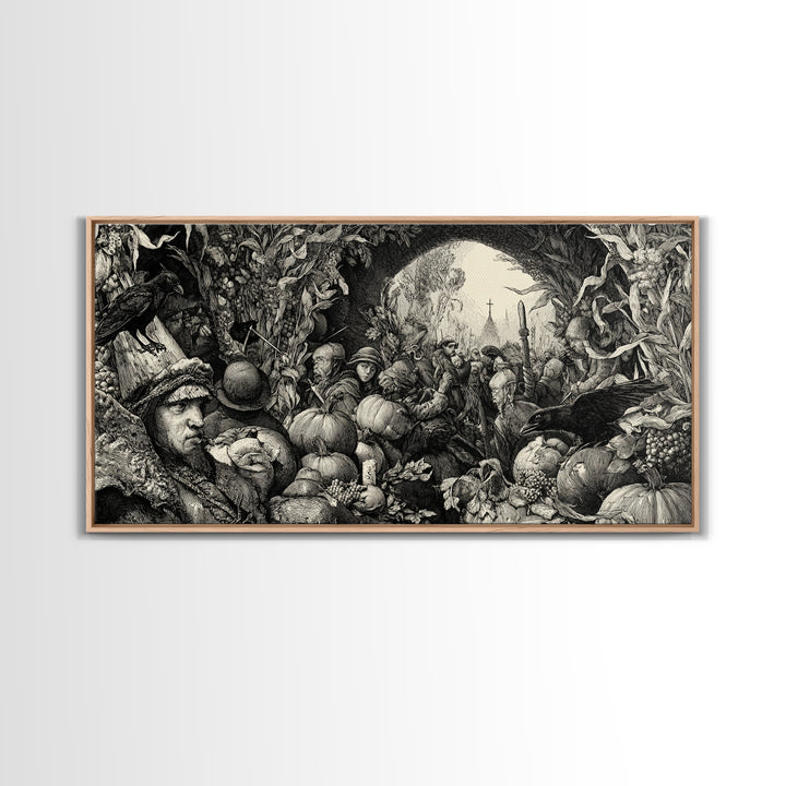 Occult Harvest Festival, Renaissance Engraving Art, Wide Panoramic Art, Gothic Horror Wall Art, Framed Canvas Print, Halloween Wall Art