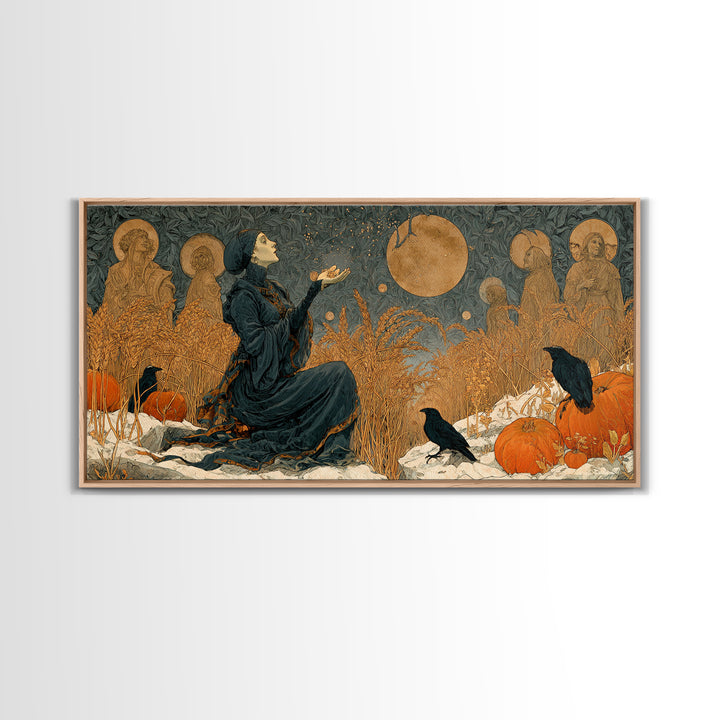 Occult Harvest Festival, Symbolist Death Art, Wide Panoramic Art, Dark Halloween Decor, Framed Canvas Print, Halloween Wall Art