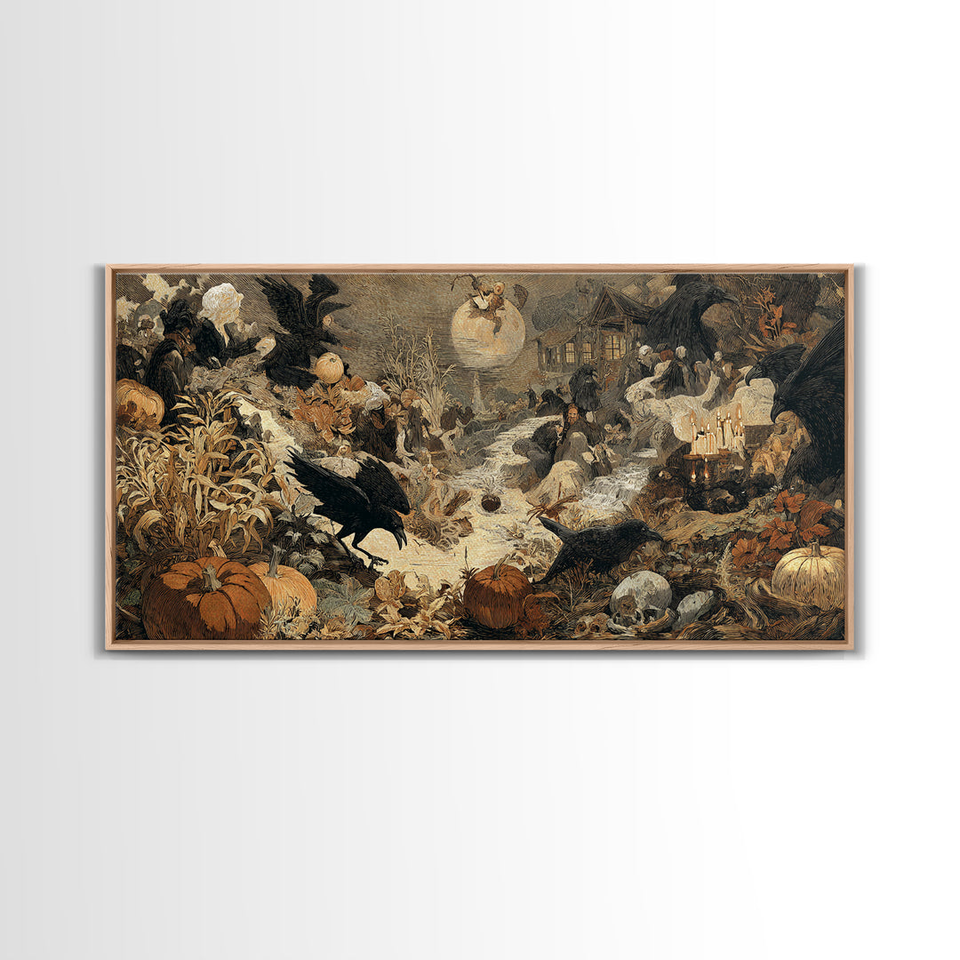 Occult Harvest Festival, Symbolist Etching Art, Wide Panoramic Art, Macabre Wall Art, Framed Canvas Print, Halloween Wall Art