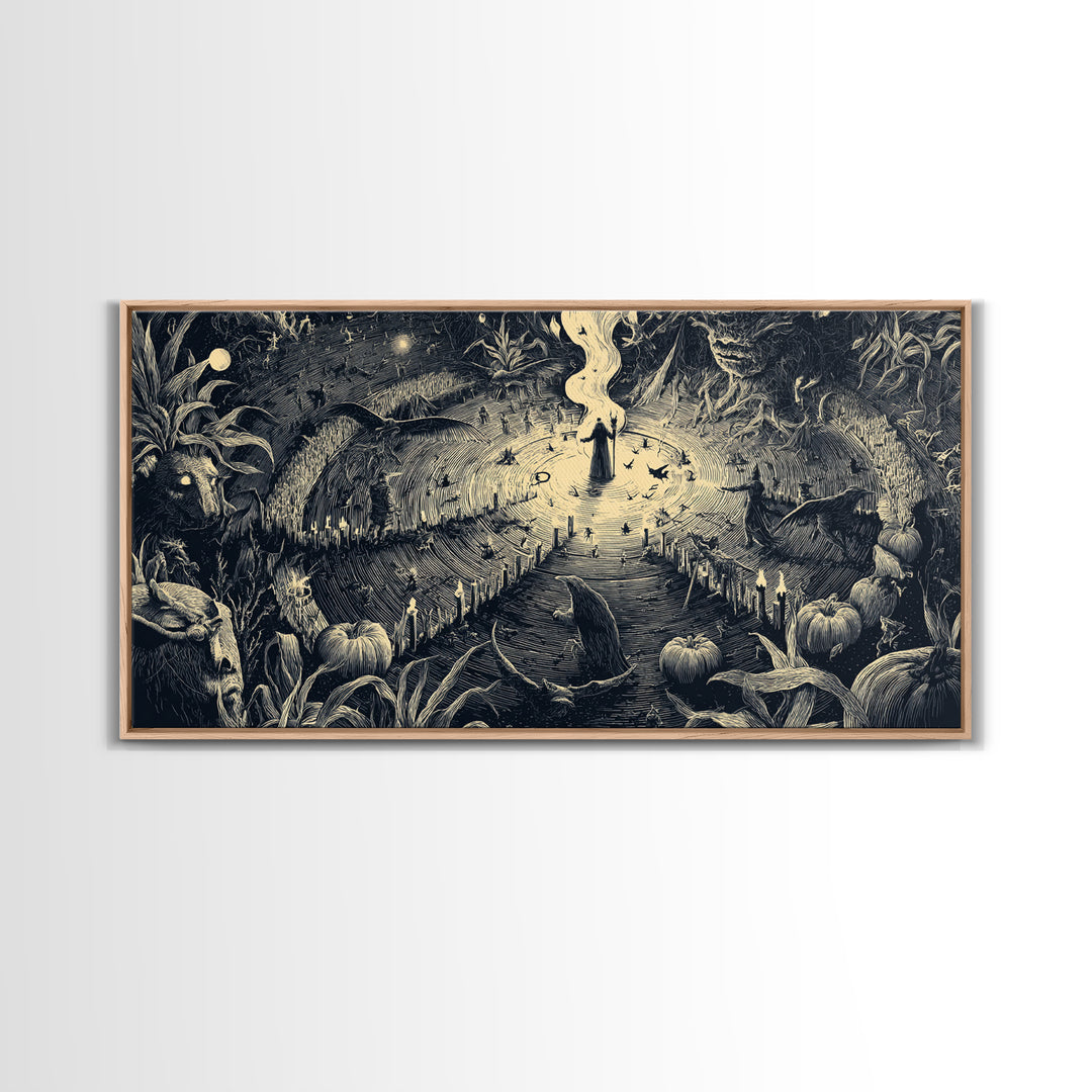 Occult Harvest Festival, Expressionist Nightmare Art, Wide Panoramic Art, Dark Halloween Decor, Canvas Print, Halloween Wall Art