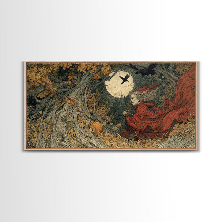 Occult Harvest Festival, Gothic Storybook Art, Wide Panoramic Art, Dark Halloween Decor, Canvas Print, Halloween Wall Art