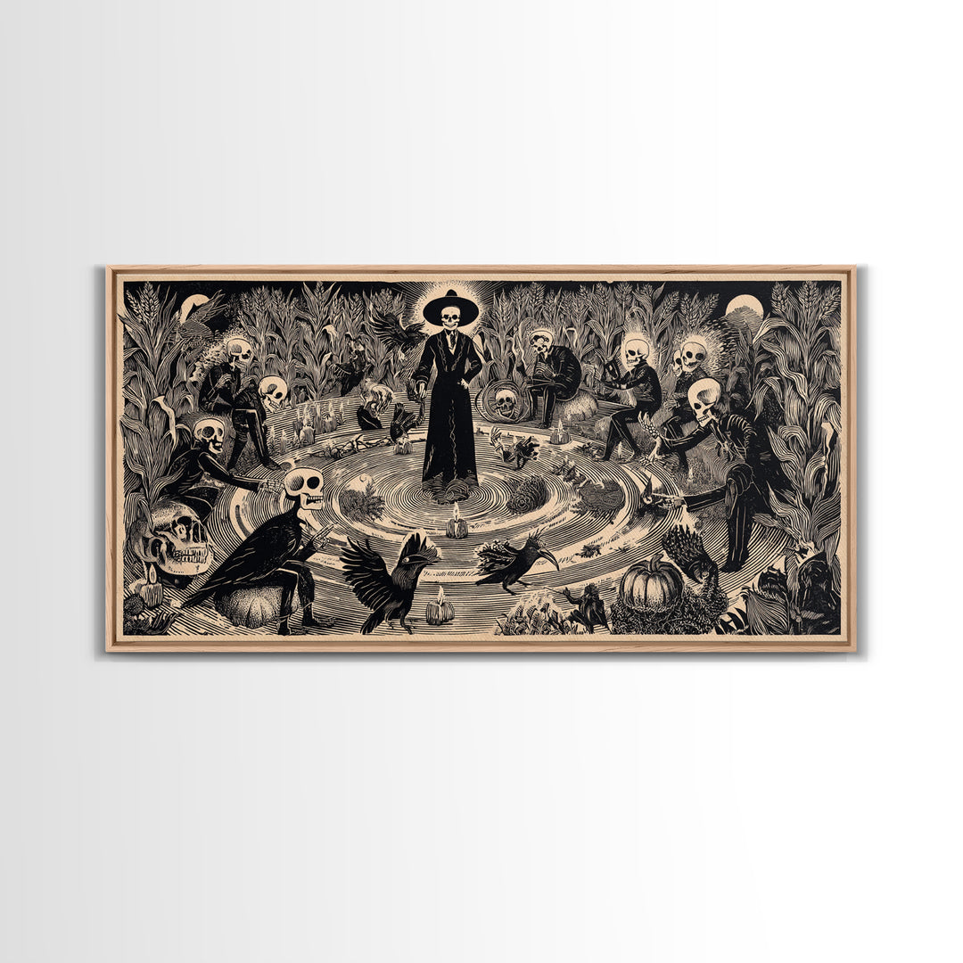 Occult Harvest Festival, Macabre Folk Print Art, Wide Panoramic Art, Macabre Wall Art, Framed Canvas Print, Halloween Wall Art