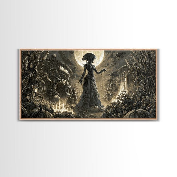 Occult Harvest Festival, Biomechanical Horror Art, Wide Panoramic Art, Gothic Horror Wall Art, Framed Canvas Print, Halloween Wall Art