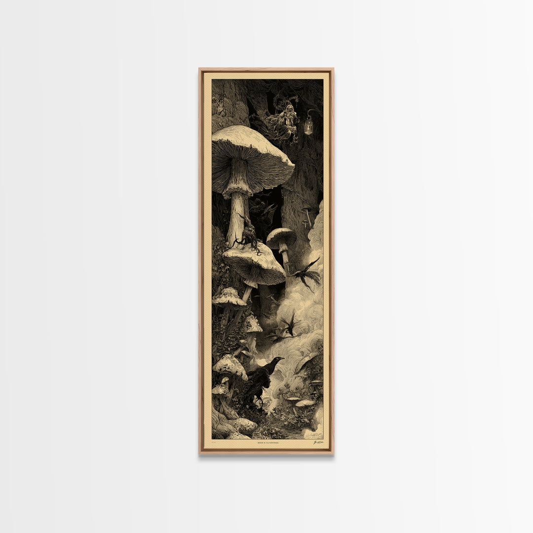 Enchanted Woodland Halloween, Gothic Engraving Art, Tall Narrow Wall Art, Macabre Wall Art, Canvas Print, Halloween Wall Art