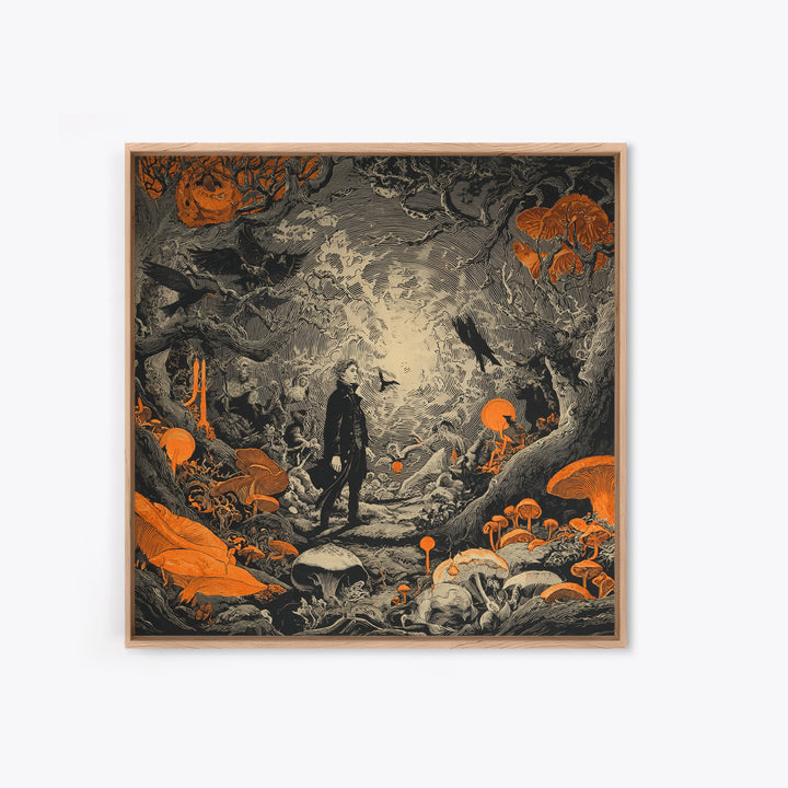 Enchanted Woodland Halloween, Symbolist Etching Art, Square Wall Art, Dark Fantasy Wall Art, Canvas Print, Halloween Wall Art