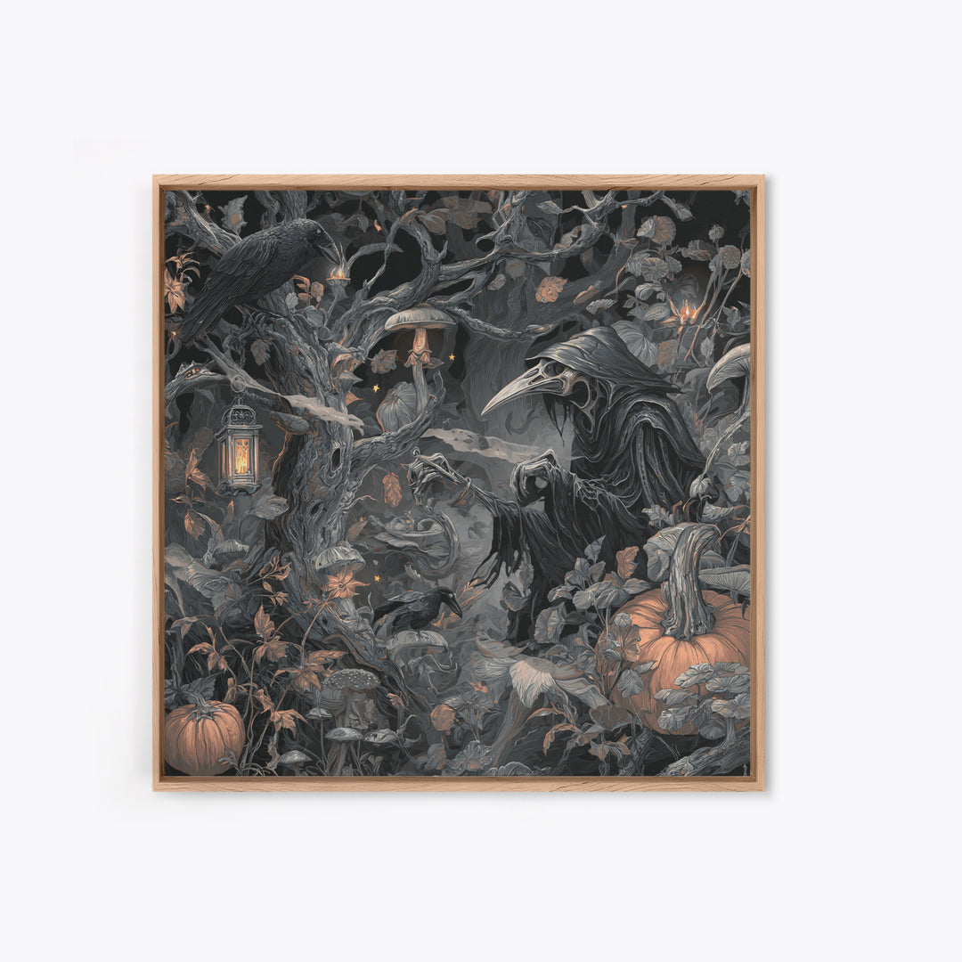 Enchanted Woodland Halloween, Biomechanical Horror Art, Square Wall Art, Dark Fantasy Wall Art, Framed Canvas Print, Halloween Wall Art