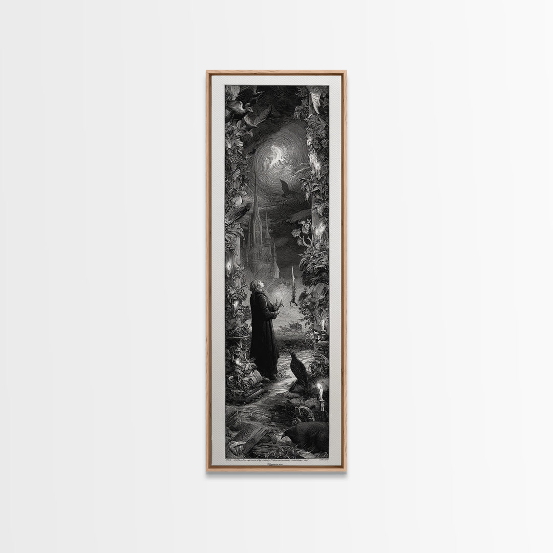 Gothic Romance, Gothic Engraving Art, Tall Narrow Wall Art, Dark Halloween Decor, Framed Canvas Print, Halloween Wall Art