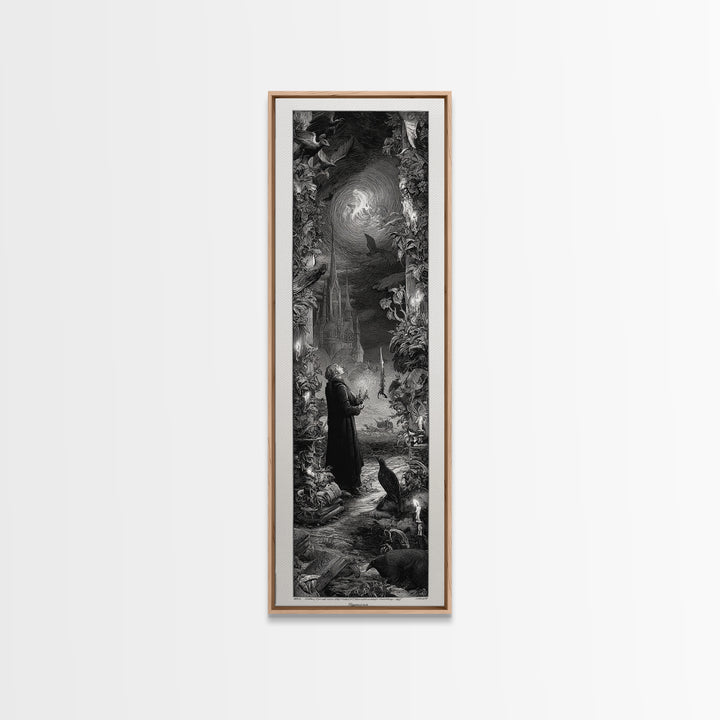 Gothic Romance, Gothic Engraving Art, Tall Narrow Wall Art, Dark Halloween Decor, Framed Canvas Print, Halloween Wall Art