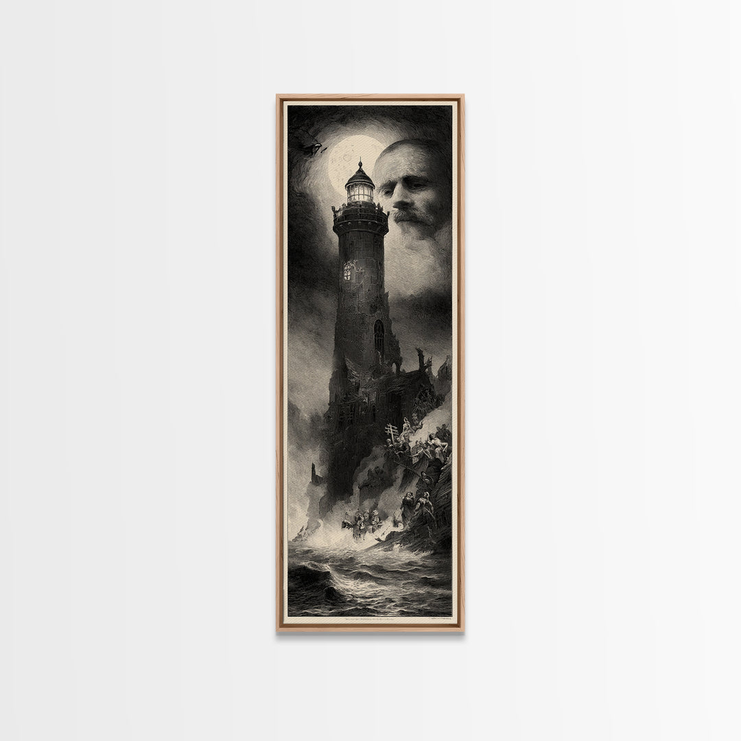 Haunted Seaside Halloween, Gothic Engraving Art, Tall Narrow Wall Art, Macabre Wall Art, Framed Canvas Print, Halloween Wall Art