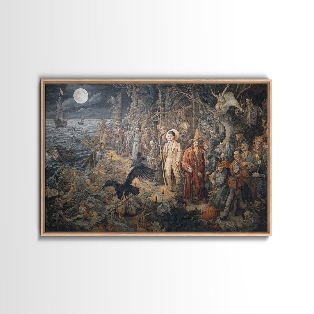Haunted Seaside Halloween, Medieval Grotesque Art, Landscape Wall Art, Macabre Wall Art, Framed Canvas Print, Halloween Wall Art