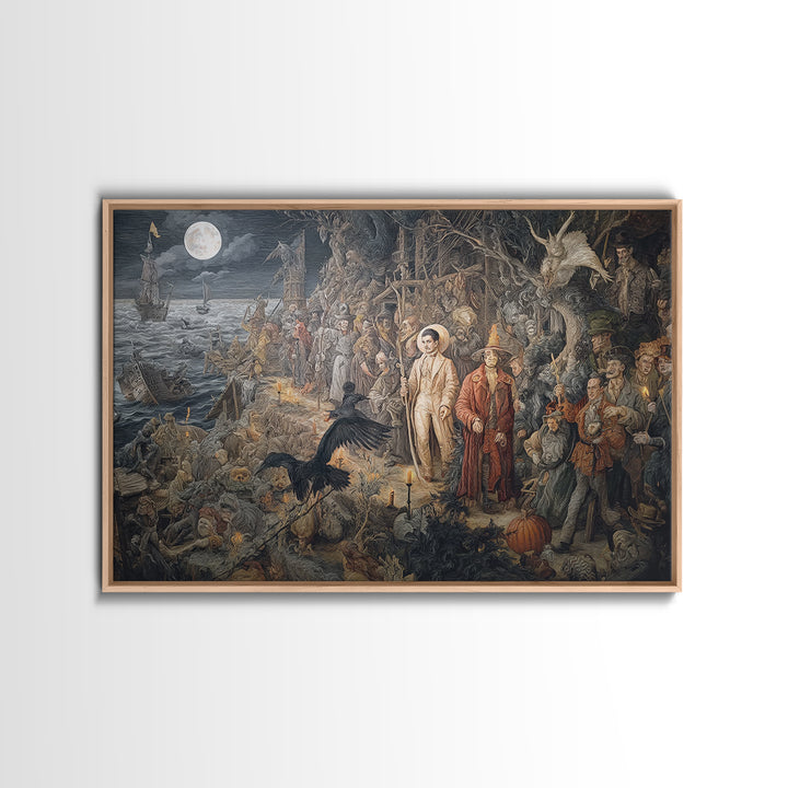 Haunted Seaside Halloween, Medieval Grotesque Art, Landscape Wall Art, Macabre Wall Art, Framed Canvas Print, Halloween Wall Art
