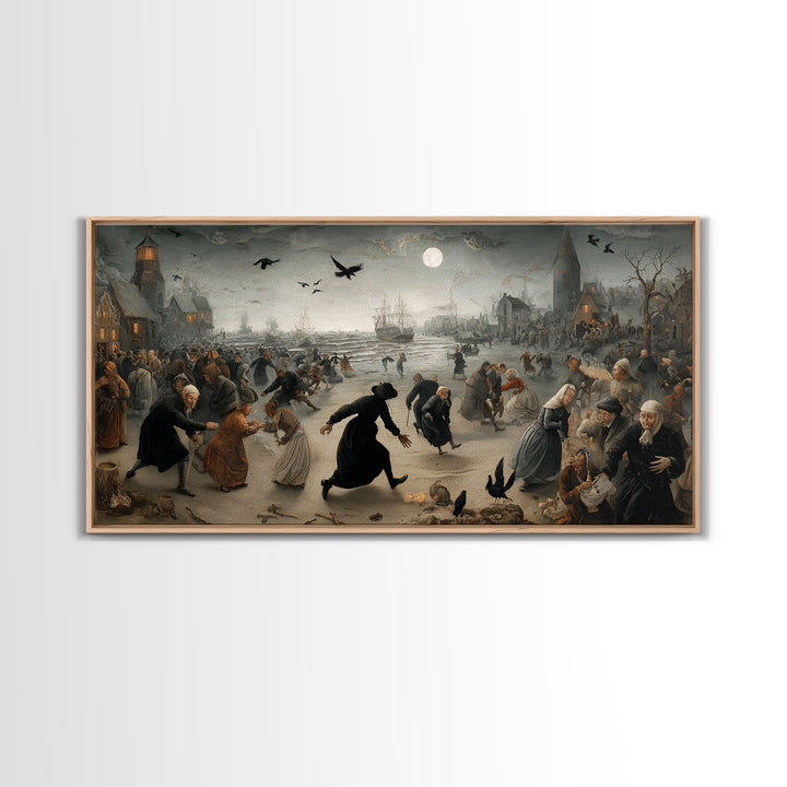 Haunted Seaside Halloween, Northern Renaissance Horror, Wide Panoramic Art, Gothic Horror Wall Art, Framed Canvas Print