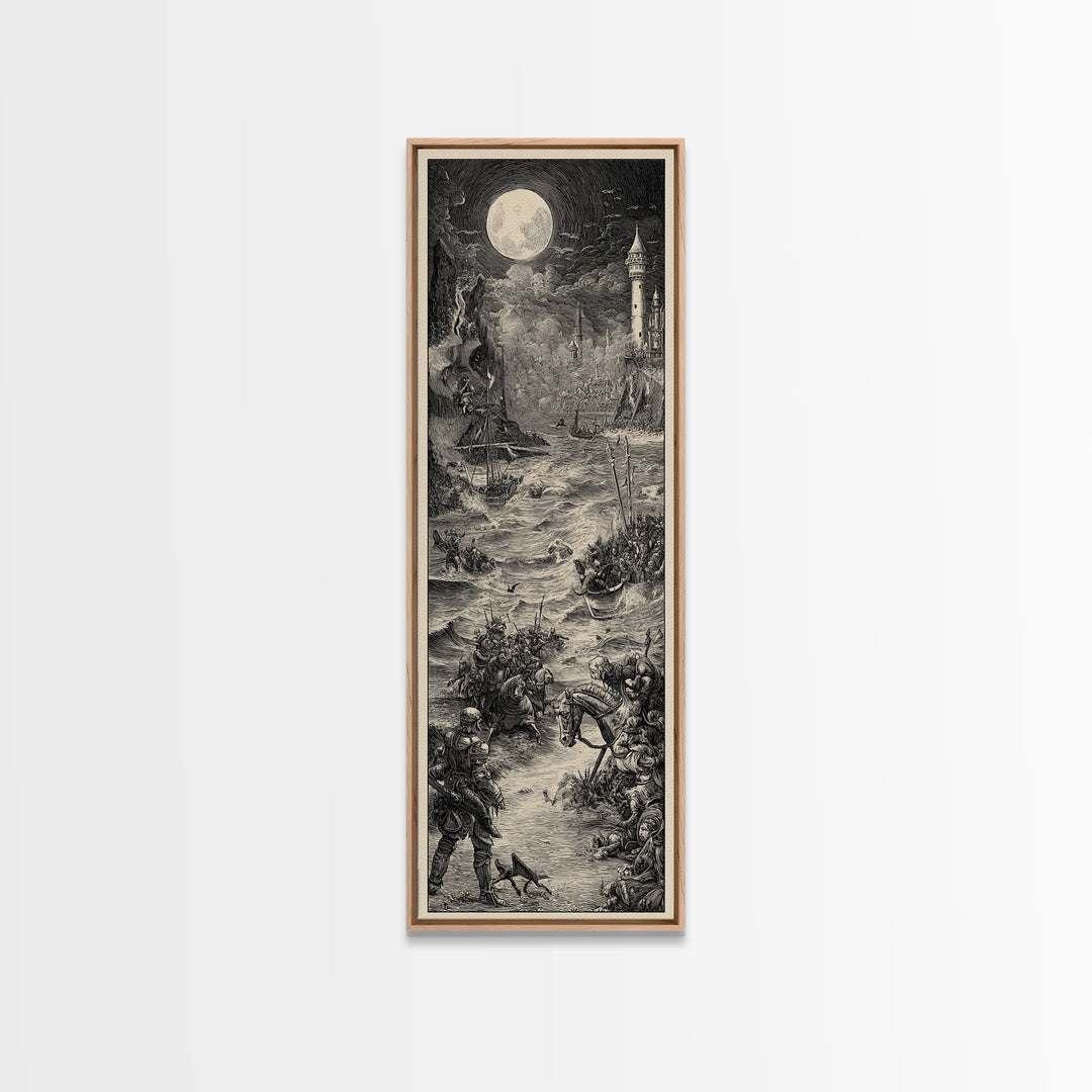 Haunted Seaside Halloween, Renaissance Engraving Art, Tall Narrow Wall Art, Dark Fantasy Wall Art, Framed Canvas Print, Halloween Wall Art