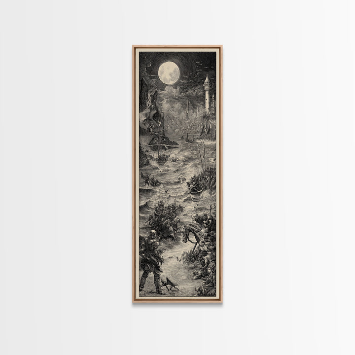 Haunted Seaside Halloween, Renaissance Engraving Art, Tall Narrow Wall Art, Dark Fantasy Wall Art, Framed Canvas Print, Halloween Wall Art