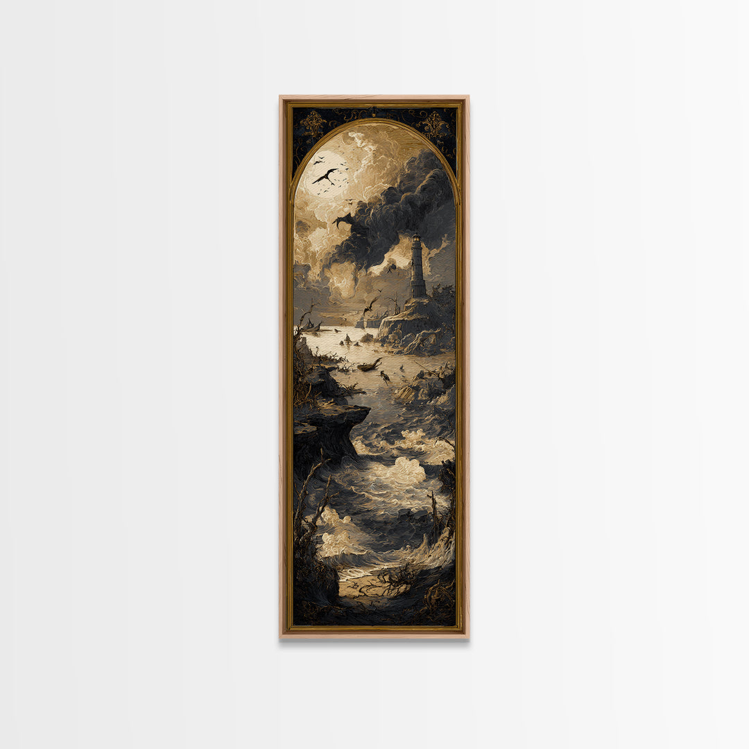 Haunted Seaside Halloween, Dark Romantic Horror Art, Tall Narrow Wall Art, Dark Halloween Decor, Framed Canvas Print, Halloween Wall Art