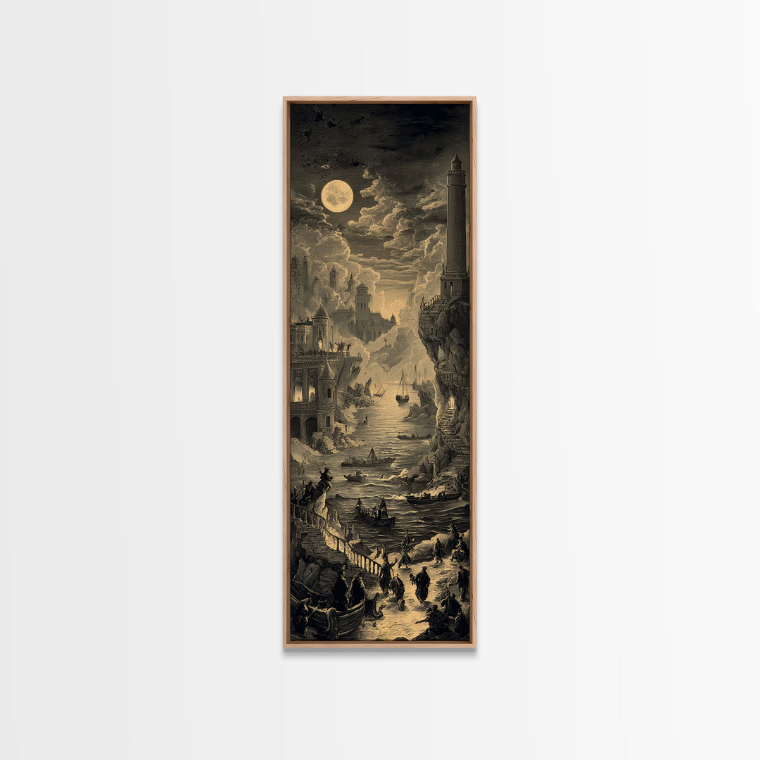 Haunted Seaside Halloween, Architectural Etching Art, Tall Narrow Wall Art, Gothic Horror Wall Art, Framed Canvas Print