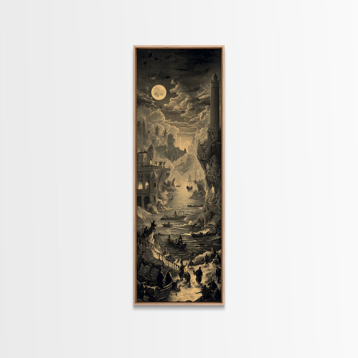 Haunted Seaside Halloween, Architectural Etching Art, Tall Narrow Wall Art, Gothic Horror Wall Art, Framed Canvas Print