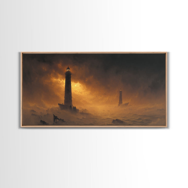 Haunted Seaside Halloween, Apocalyptic Romantic Art, Wide Panoramic Art, Dark Halloween Decor, Canvas Print, Halloween Wall Art