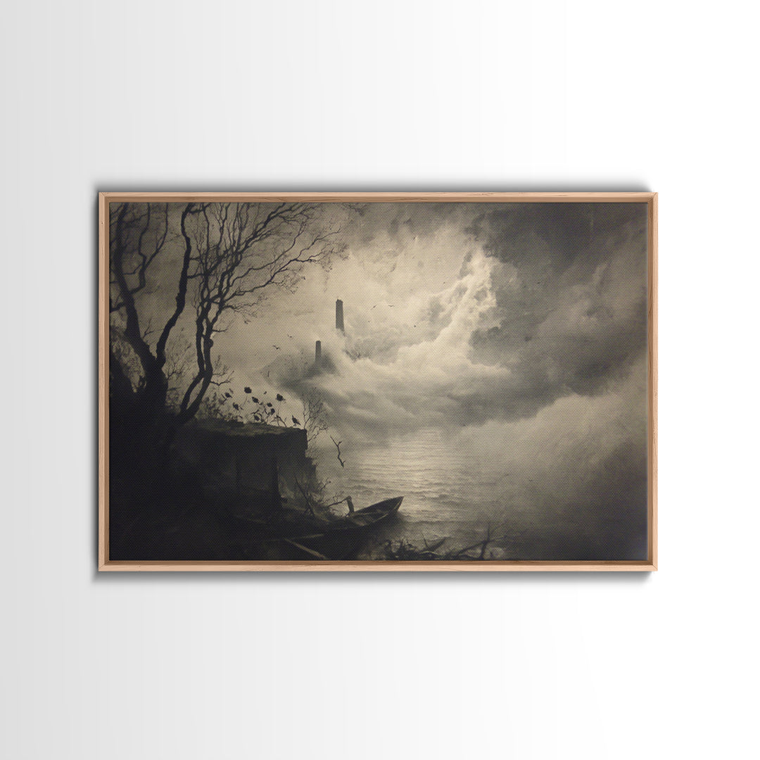 Haunted Seaside Halloween, Symbolist Dream Art, Landscape Wall Art, Dark Fantasy Wall Art, Framed Canvas Print, Halloween Wall Art