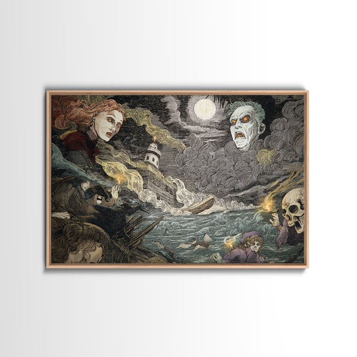 Haunted Seaside Halloween, Expressionist Gothic Art, Landscape Wall Art, Macabre Wall Art, Canvas Print, Halloween Wall Art