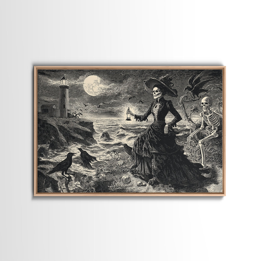 Haunted Seaside Halloween, Macabre Folk Print Art, Landscape Wall Art, Dark Halloween Decor, Framed Canvas Print