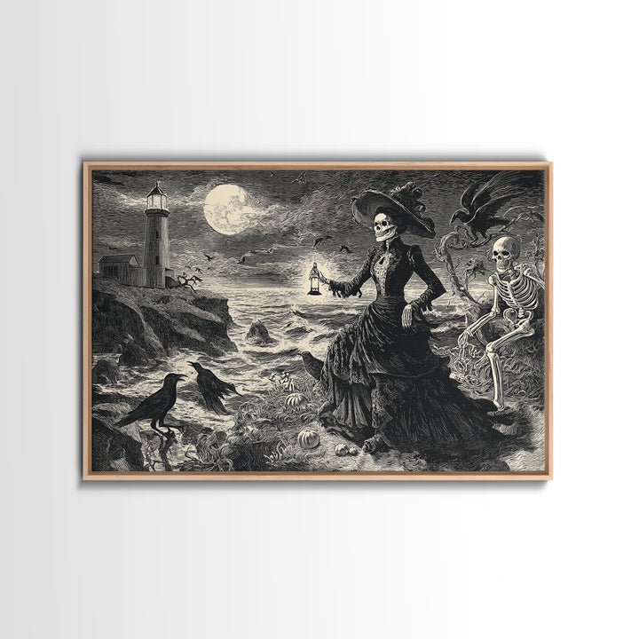 Haunted Seaside Halloween, Macabre Folk Print Art, Landscape Wall Art, Dark Halloween Decor, Framed Canvas Print