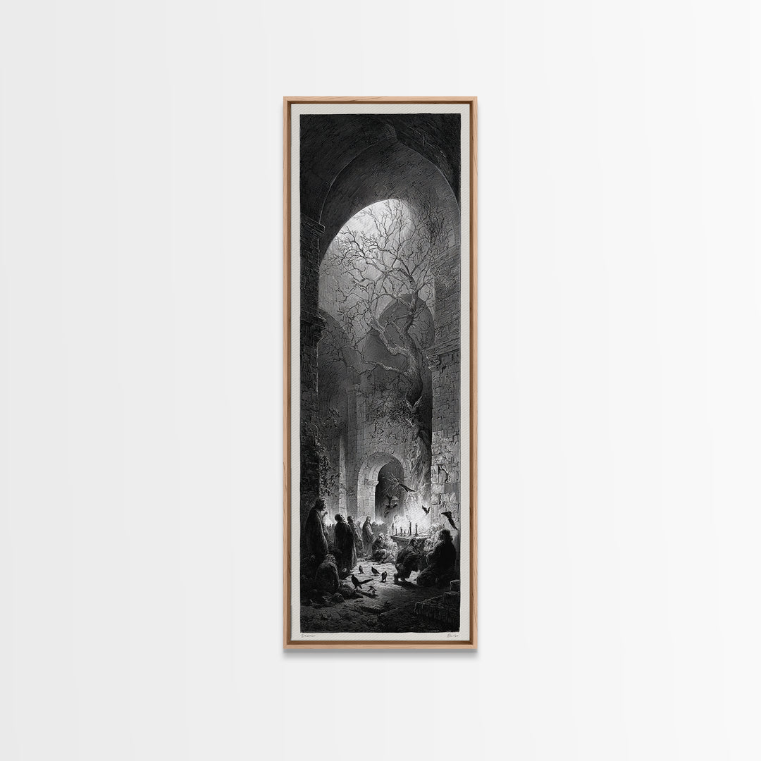 The Candlelit Crypt, Gothic Engraving Art, Tall Narrow Wall Art, Dark Fantasy Wall Art, Canvas Print, Halloween Wall Art