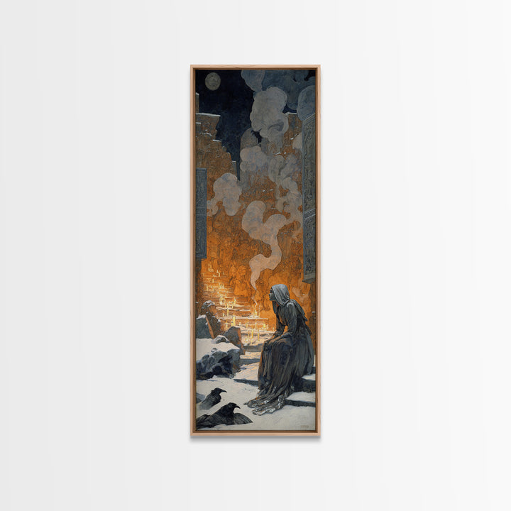 The Candlelit Crypt, Symbolist Death Art, Tall Narrow Wall Art, Macabre Wall Art, Framed Canvas Print, Halloween Wall Art