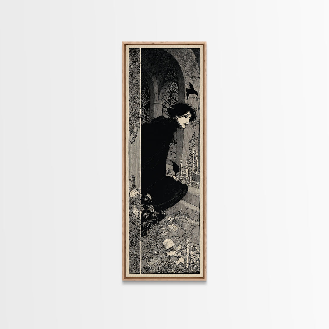 The Candlelit Crypt, Decadent Line Art, Tall Narrow Wall Art, Macabre Wall Art, Framed Canvas Print, Halloween Wall Art