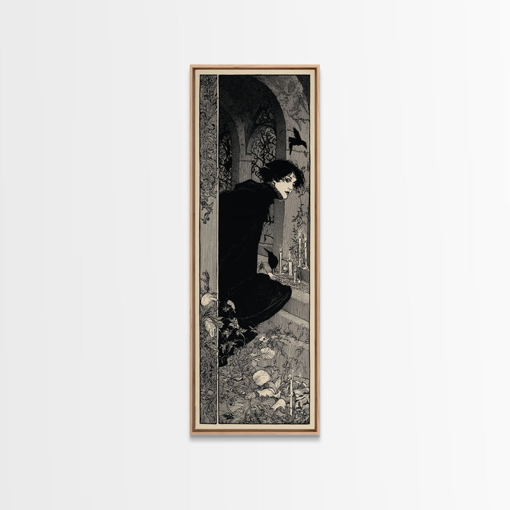The Candlelit Crypt, Decadent Line Art, Tall Narrow Wall Art, Macabre Wall Art, Framed Canvas Print, Halloween Wall Art