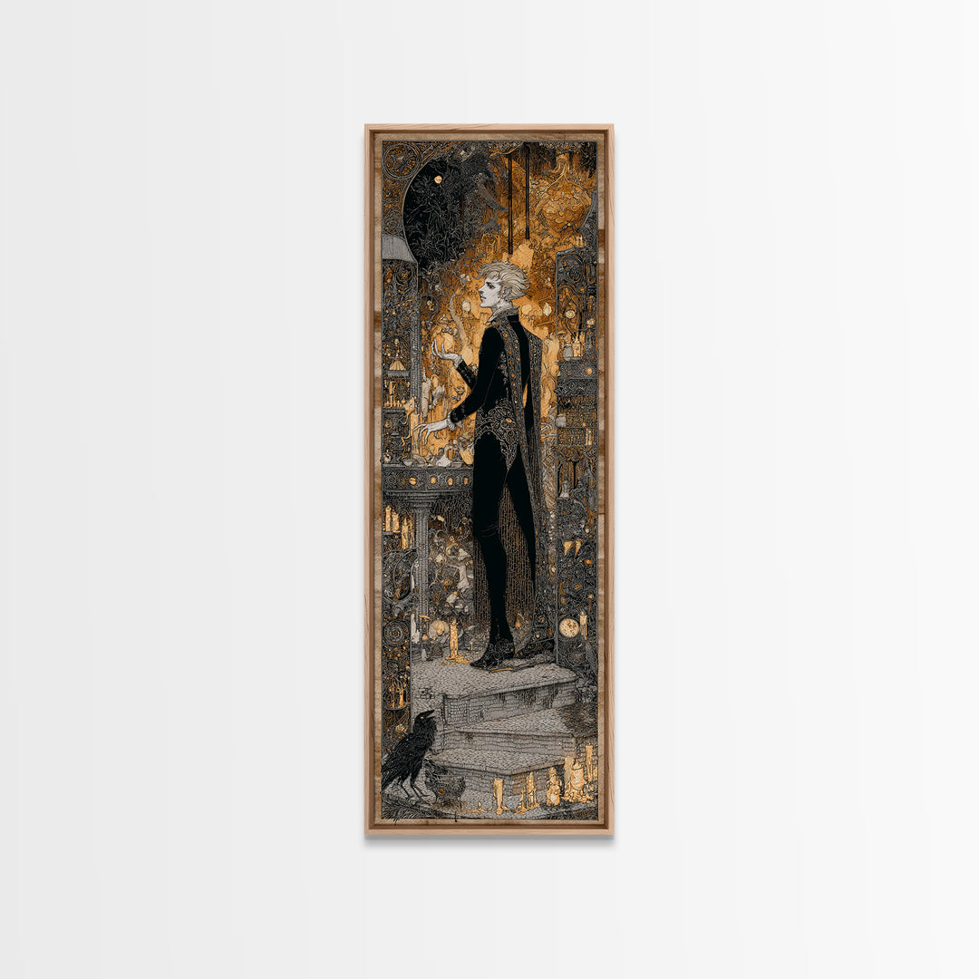 The Candlelit Crypt, Stained Glass Gothic Art, Tall Narrow Wall Art, Dark Fantasy Wall Art, Framed Canvas Print, Halloween Wall Art