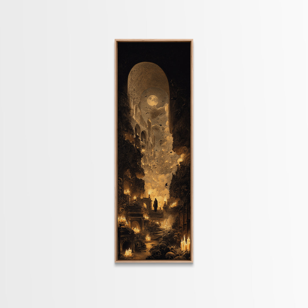 The Candlelit Crypt, Surreal Apocalyptic Art, Tall Narrow Wall Art, Dark Fantasy Wall Art, Framed Canvas Print, Halloween Wall Art