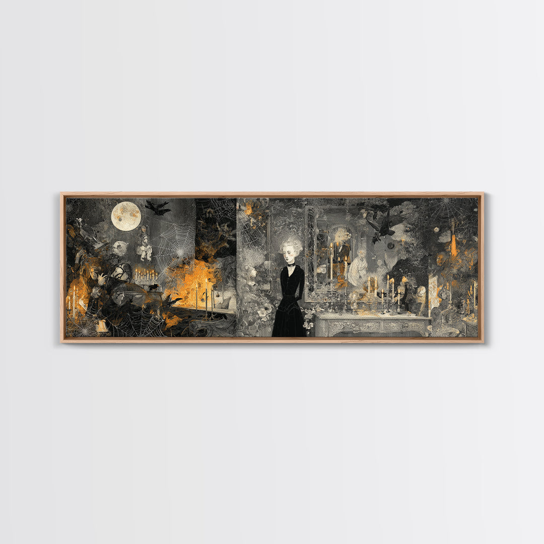 Black Lace And Cobwebs, Visionary Gothic Art, Extra Wide Wall Art, Macabre Wall Art, Framed Canvas Print, Halloween Wall Art