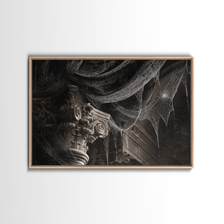 Black Lace And Cobwebs, Architectural Etching Art, Landscape Wall Art, Dark Fantasy Wall Art, Framed Canvas Print