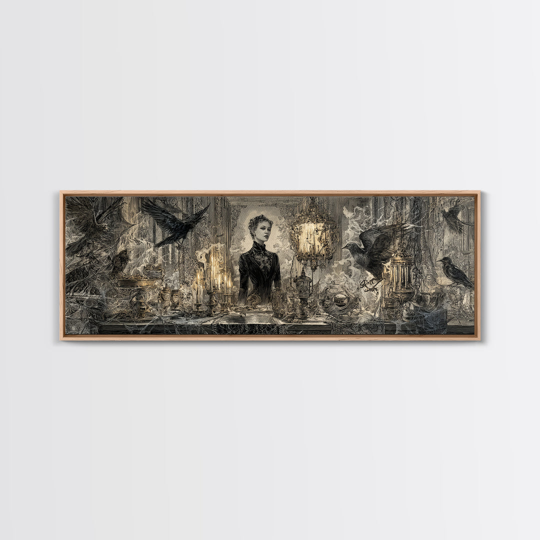 Black Lace And Cobwebs, Ornate Symbolist Art, Extra Wide Wall Art, Gothic Horror Wall Art, Canvas Print, Halloween Wall Art