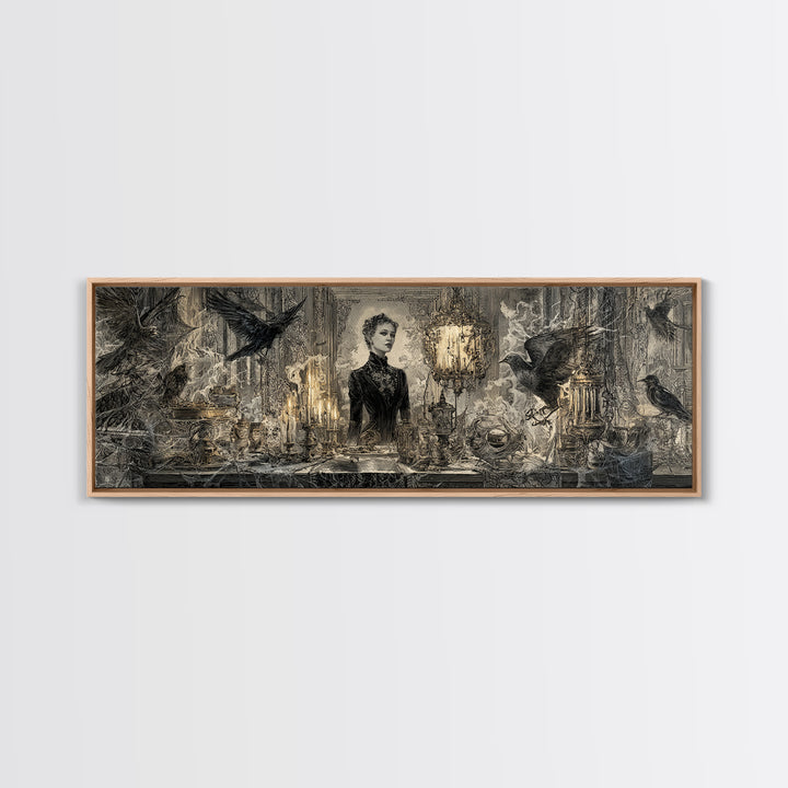 Black Lace And Cobwebs, Ornate Symbolist Art, Extra Wide Wall Art, Gothic Horror Wall Art, Canvas Print, Halloween Wall Art