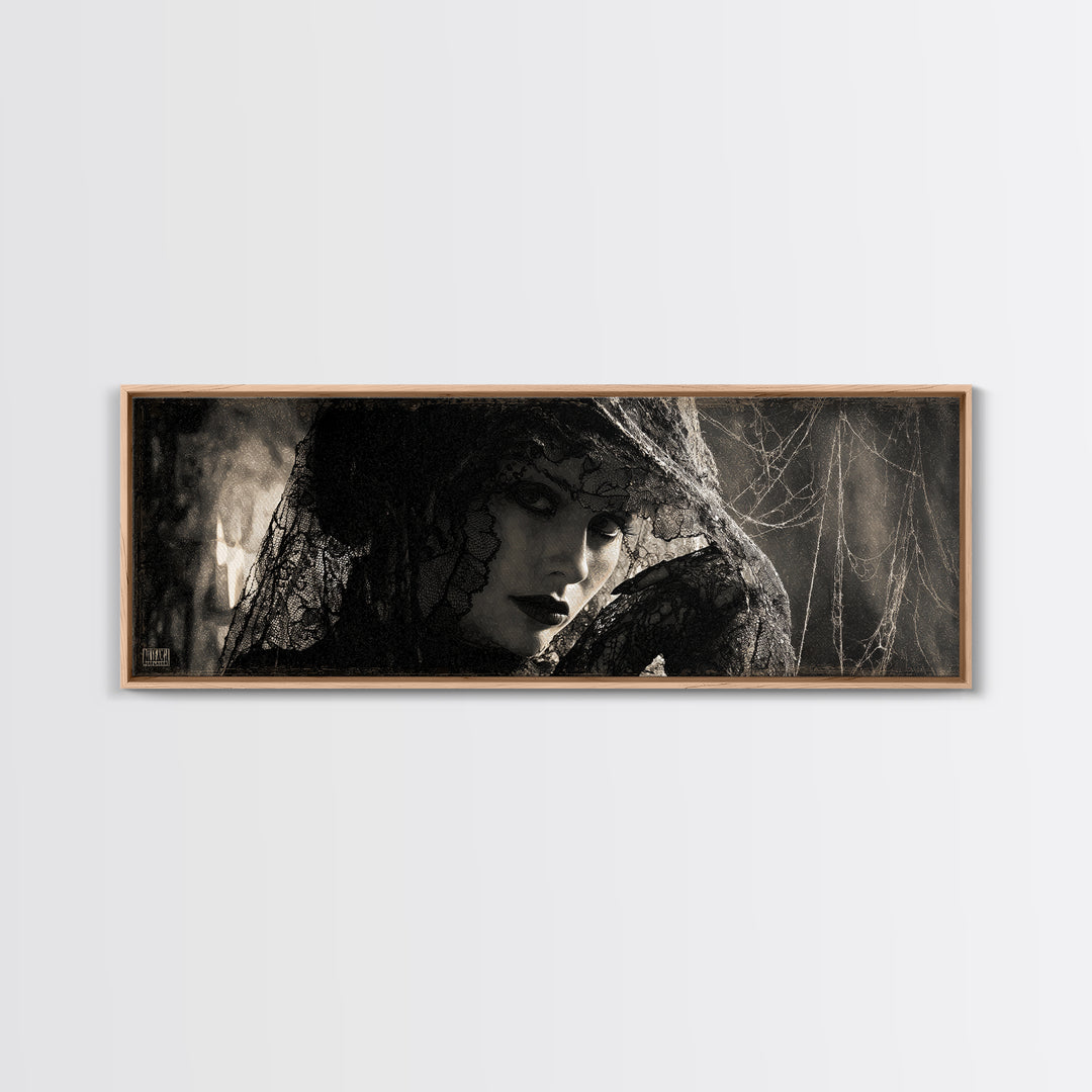 Black Lace And Cobwebs, Decadent Gothic Art, Extra Wide Wall Art, Dark Halloween Decor, Canvas Print, Halloween Wall Art