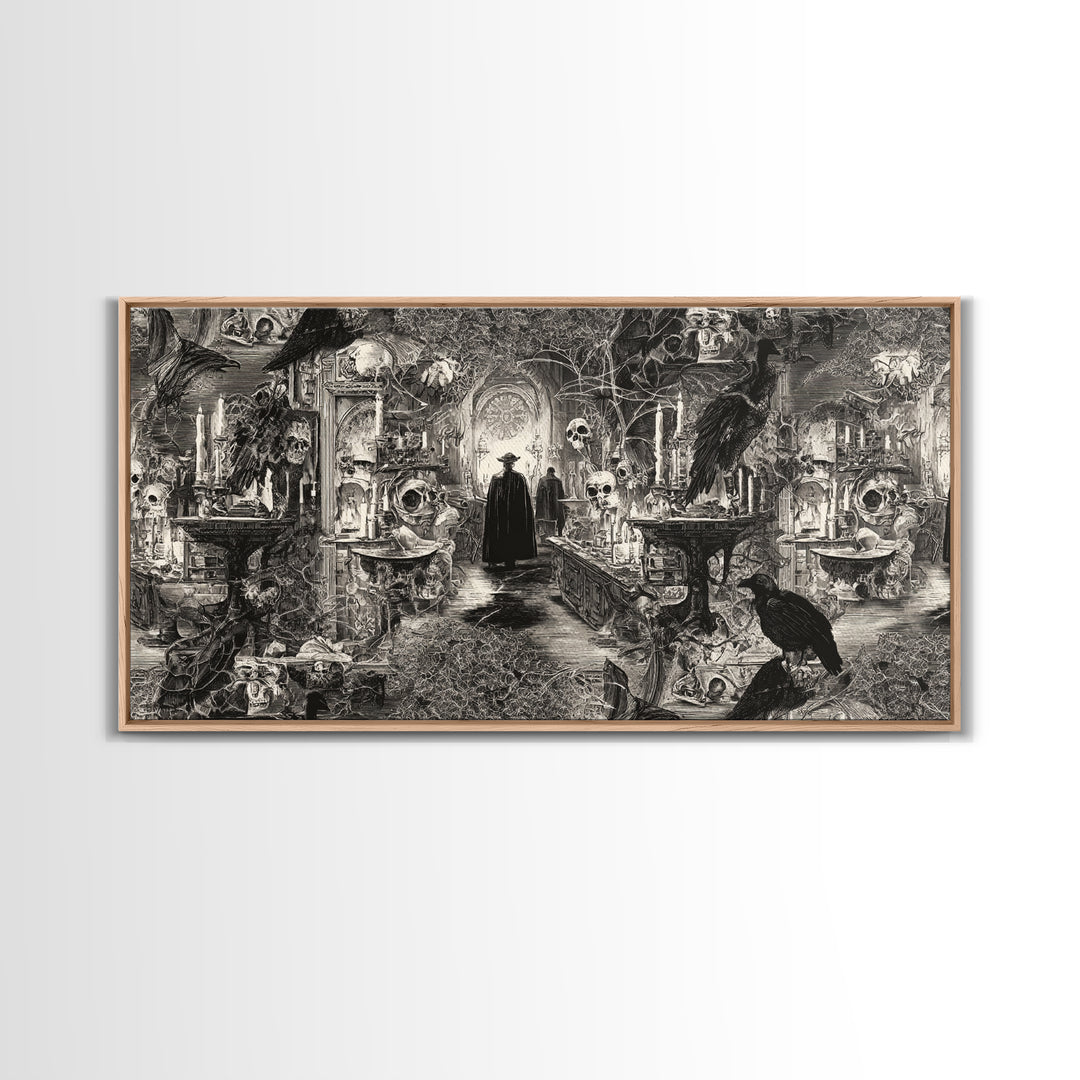 Black Lace And Cobwebs, Grotesque Carnival Art, Wide Panoramic Art, Dark Fantasy Wall Art, Framed Canvas Print, Halloween Wall Art