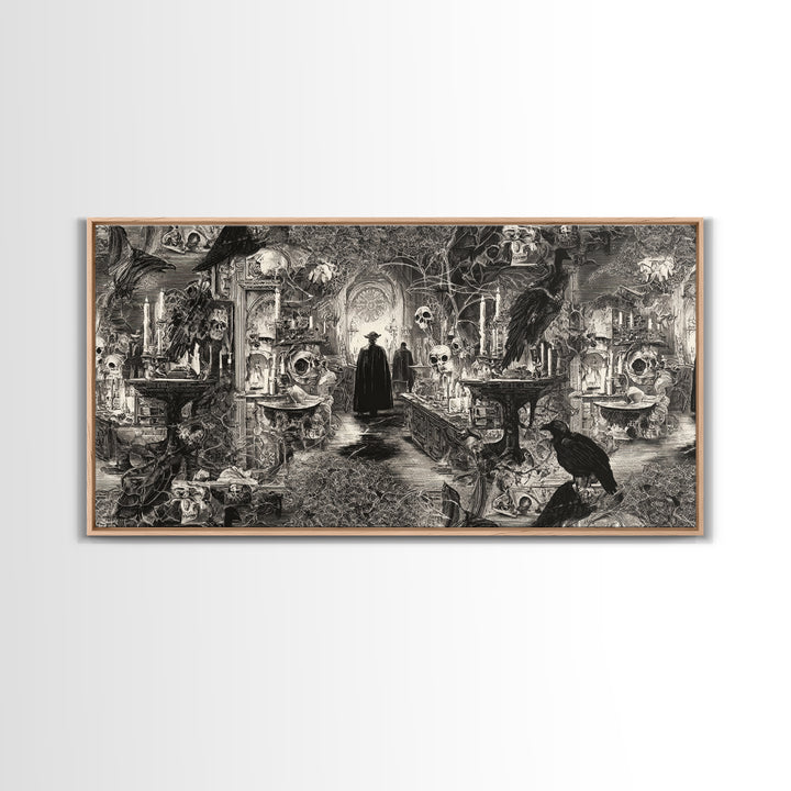 Black Lace And Cobwebs, Grotesque Carnival Art, Wide Panoramic Art, Dark Fantasy Wall Art, Framed Canvas Print, Halloween Wall Art