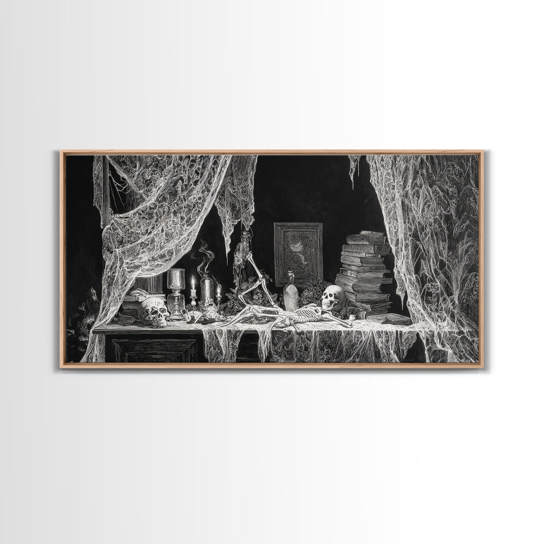 Black Lace And Cobwebs, Macabre Folk Print Art, Wide Panoramic Art, Gothic Horror Wall Art, Canvas Print, Halloween Wall Art